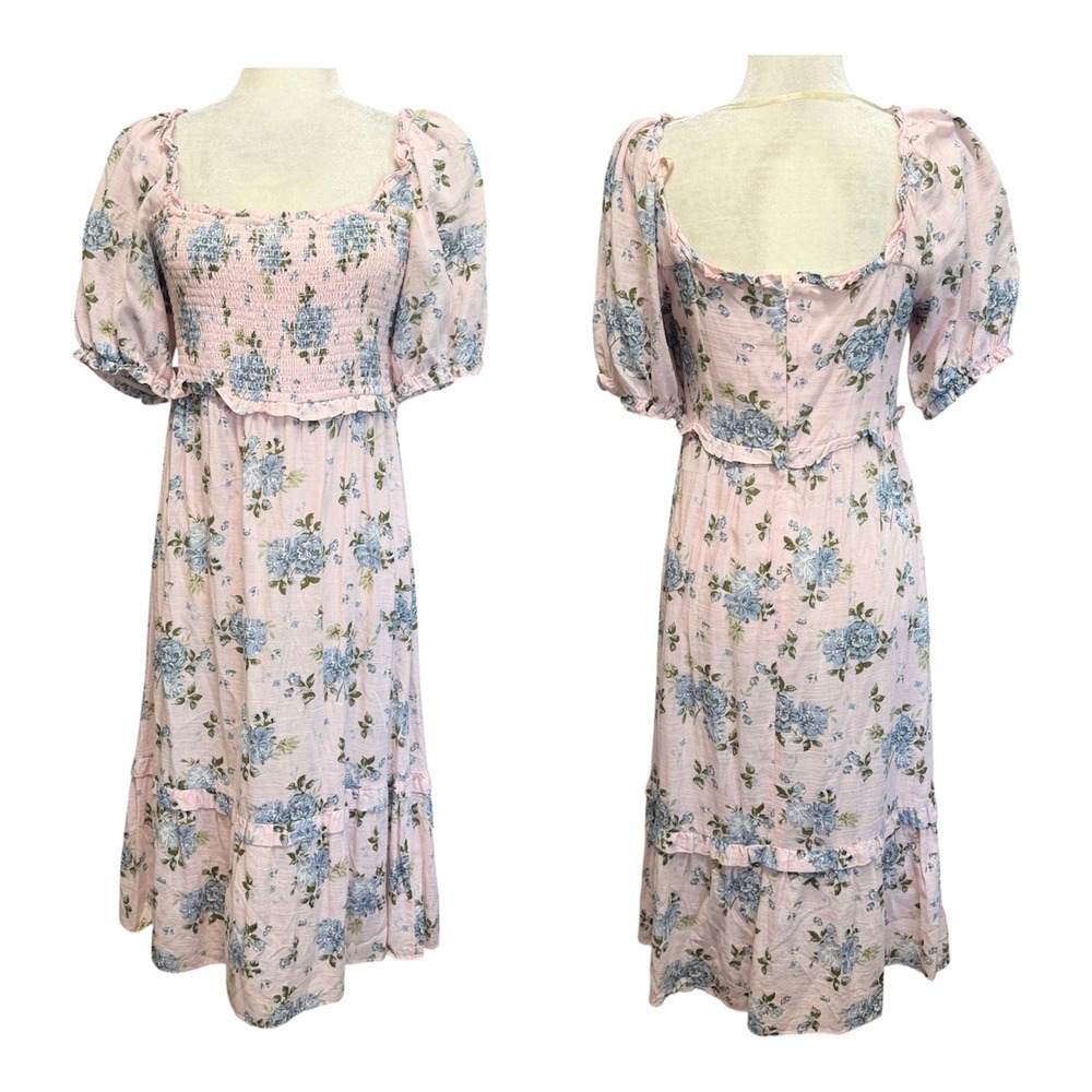 Gal Meets Glam Midi Dress Womens 6 Smocked Tier Feminine Cottagecore Puff Sleeve